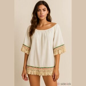 New Velzera New Ivory Blouse Rainbow Multicolor Southwest Embroidery Women's M